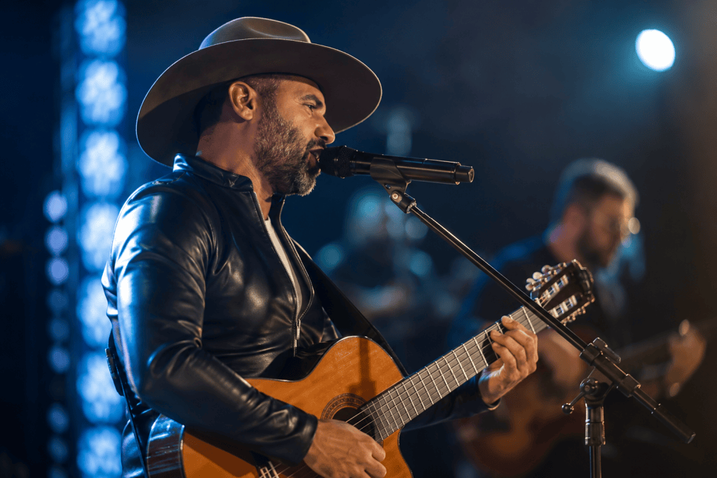 Edu Ribbê cantando e tocando violão durante apresentação ao vivo em Goiânia